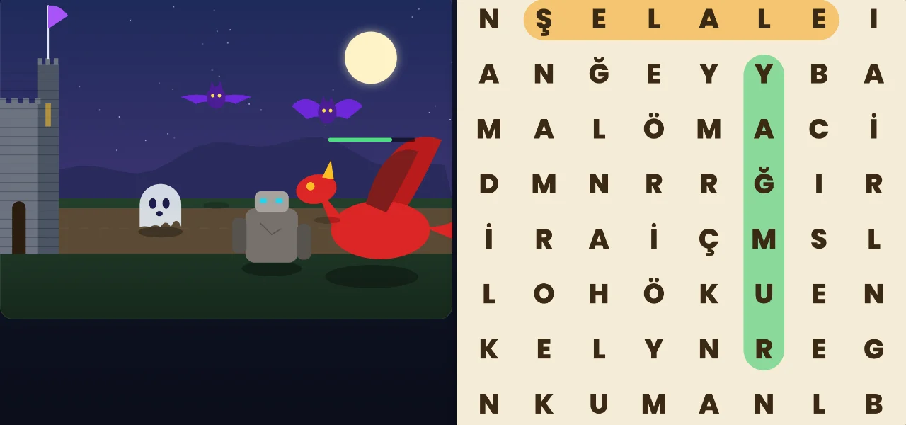 Word War: harf tablosu ve kaleye yürüyen canavarlar